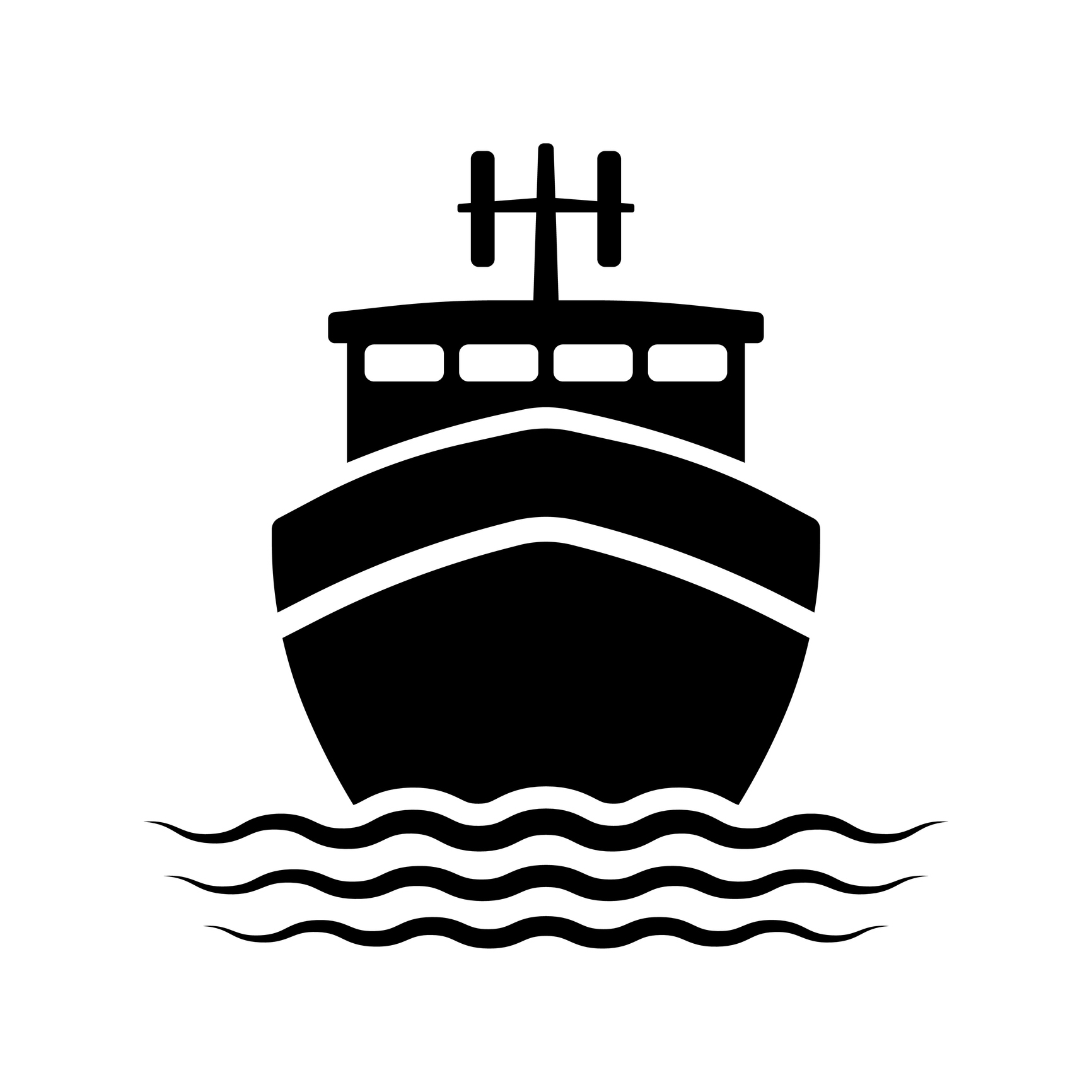 Ship Icon. Fishing Boat. Black Silhouette. Front View. Vector Flat Graphic Illustration. The Isolated Object On A White Background. Isolate.